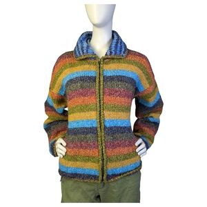 Vintage Artsy Bohemian Rainbow Stripe Chunky Knit Zip Sweater Jacket | Fits M/L